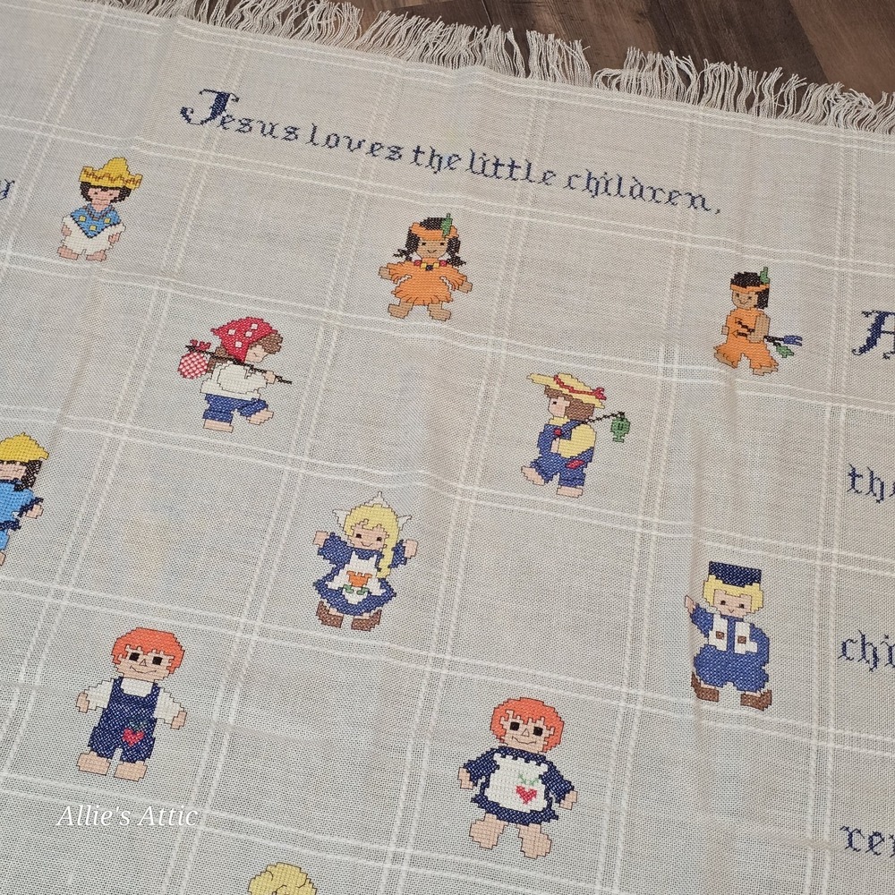 Vintage Childrens Blanket Cross Stitch Boys Girls Jesus Religious Nursery 52x39‎